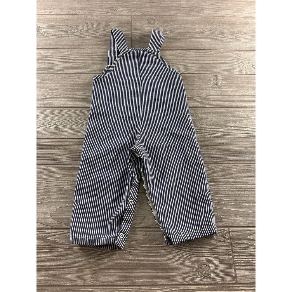 Vintage Sears Perma-Prest Toddler Boys Hickory Stripe Train Overalls Blue White - Picture 3 of 8